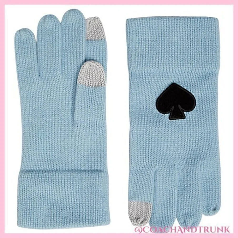 KATE SPADE Light Blue Tech Finger Gloves & Beanie Black Flocked Spade Set